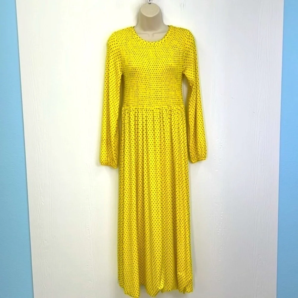 Zara - Yellow And Black Polka Dot Long Sleeve Maxi Dress Size Small